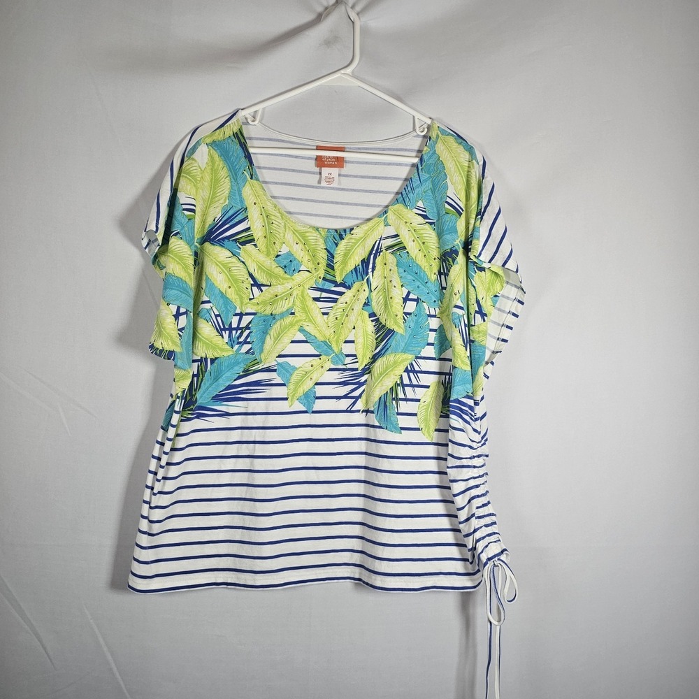 Hearts Of Palm T-shirt Women's Cotton Blend Cap Sleeves Size 2XL Floral EUC
